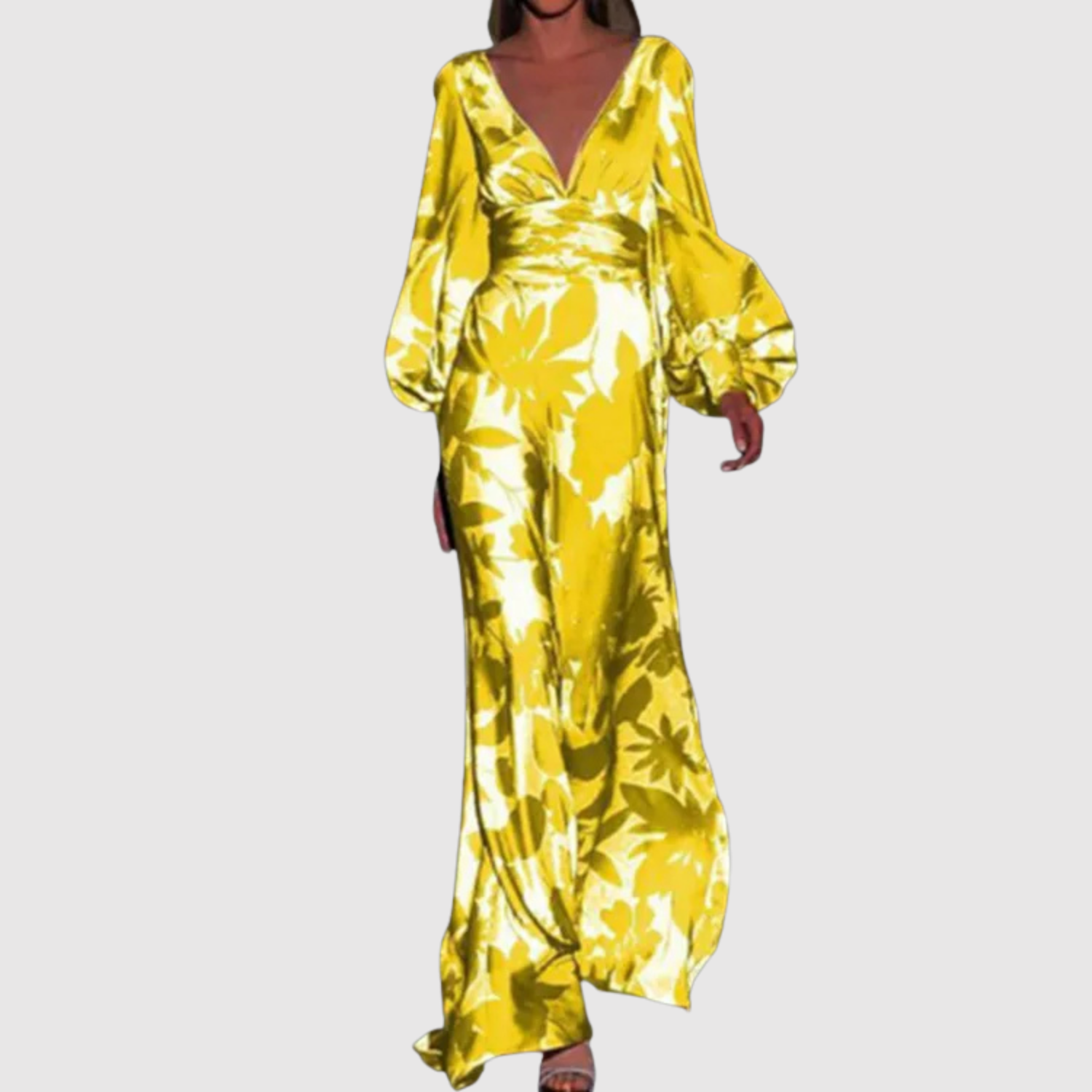 Eliška – Długie sukienki z tropikalnym nadrukiem i głębokim dekoltem w kształcie V