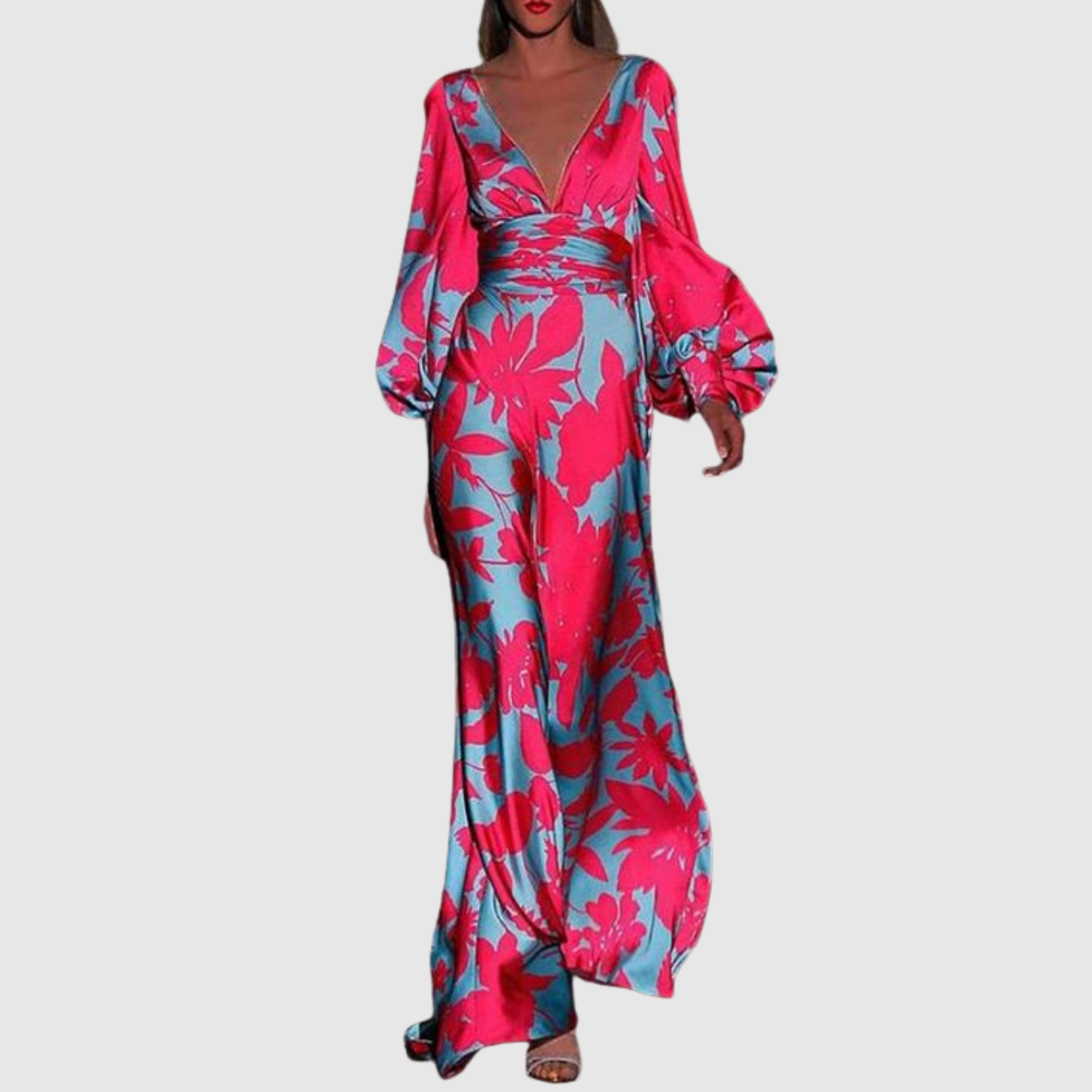 Eliška – Długie sukienki z tropikalnym nadrukiem i głębokim dekoltem w kształcie V
