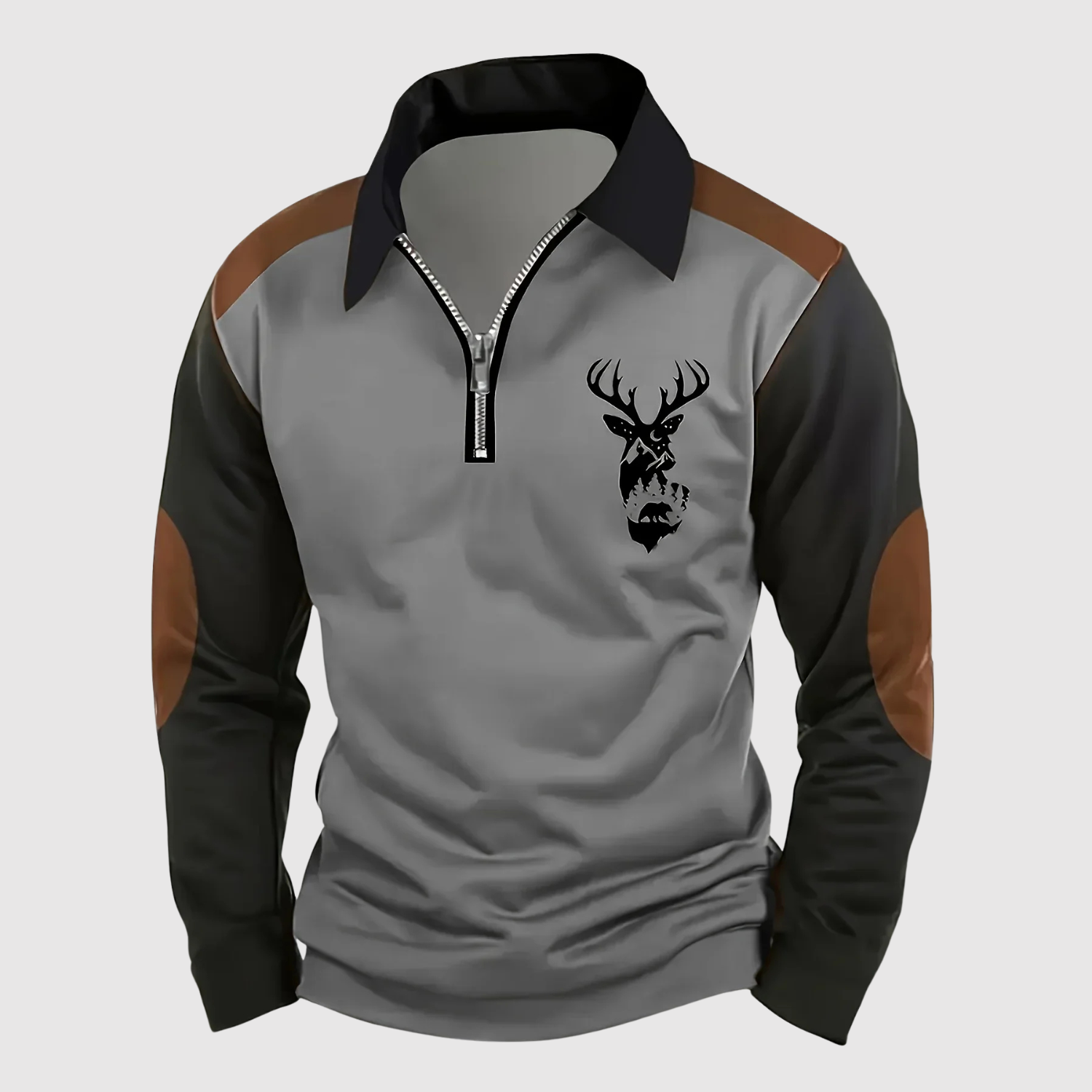 Adrian - Sportowo elegancki sweter z zamkiem i motywem jelenia