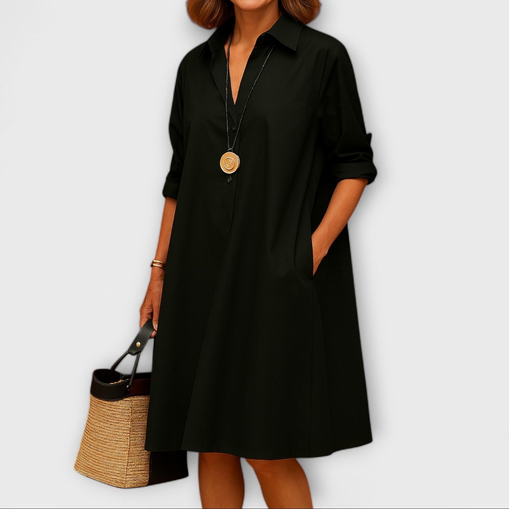 Eliška - Nowoczesna sukienka koszulowa z kołnierzykiem i rękawami 3/4