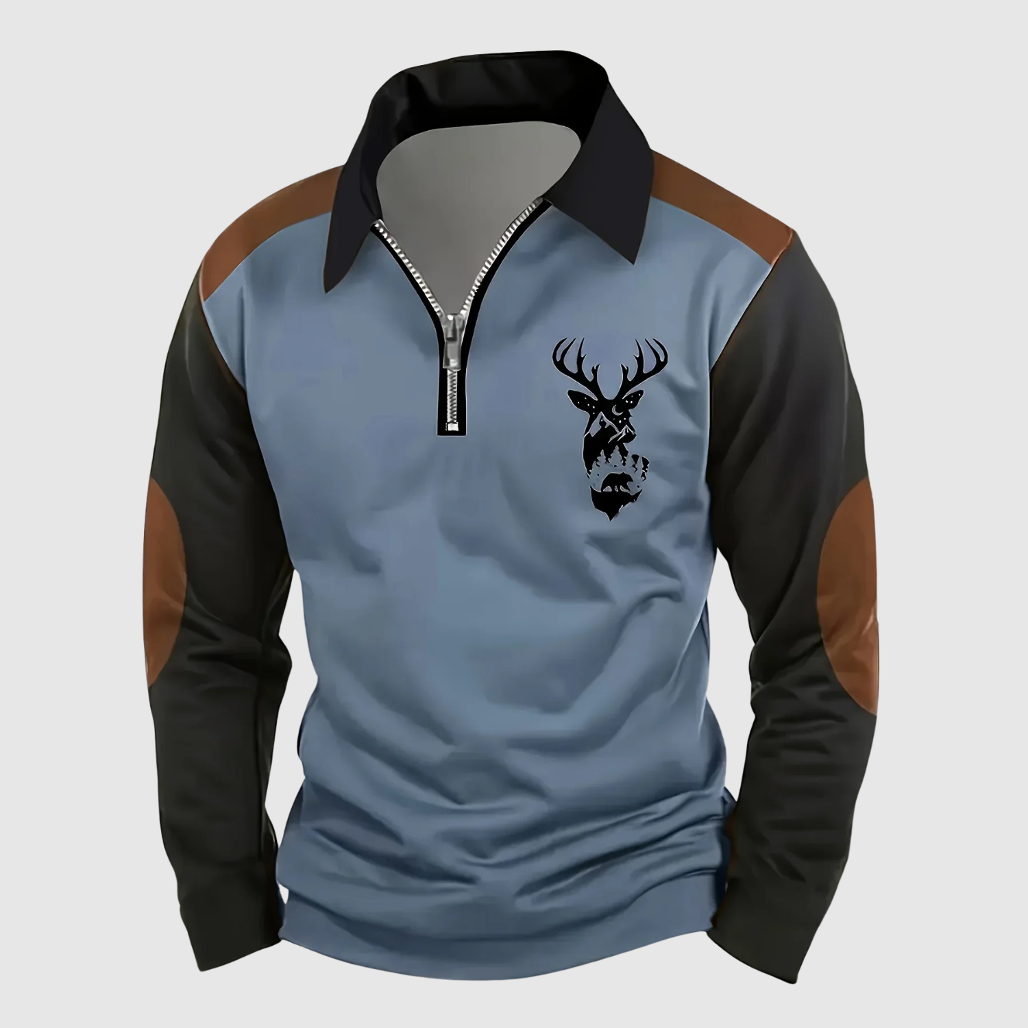 Adrian - Sportowo elegancki sweter z zamkiem i motywem jelenia