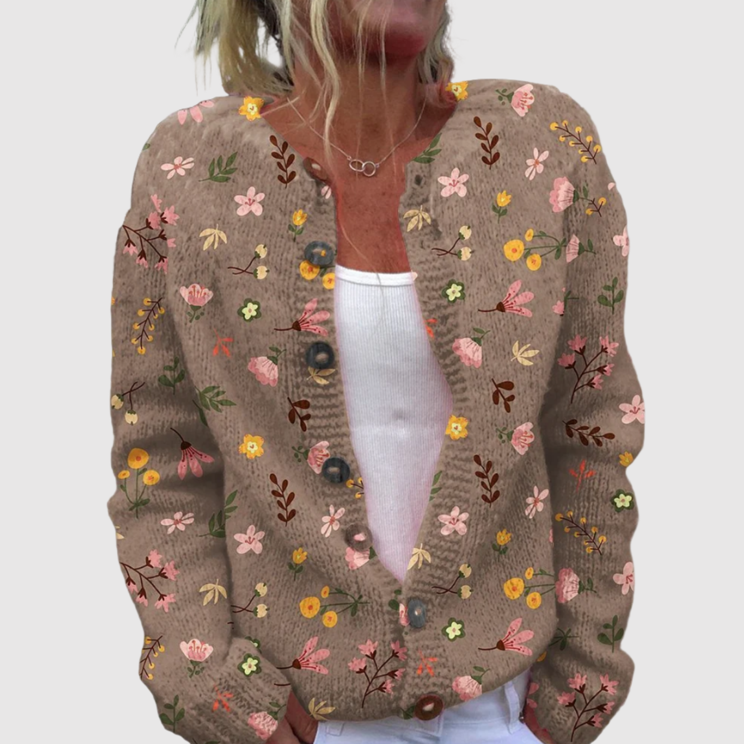 Nora – Kardigan w kwiatowy wzór z guzikami