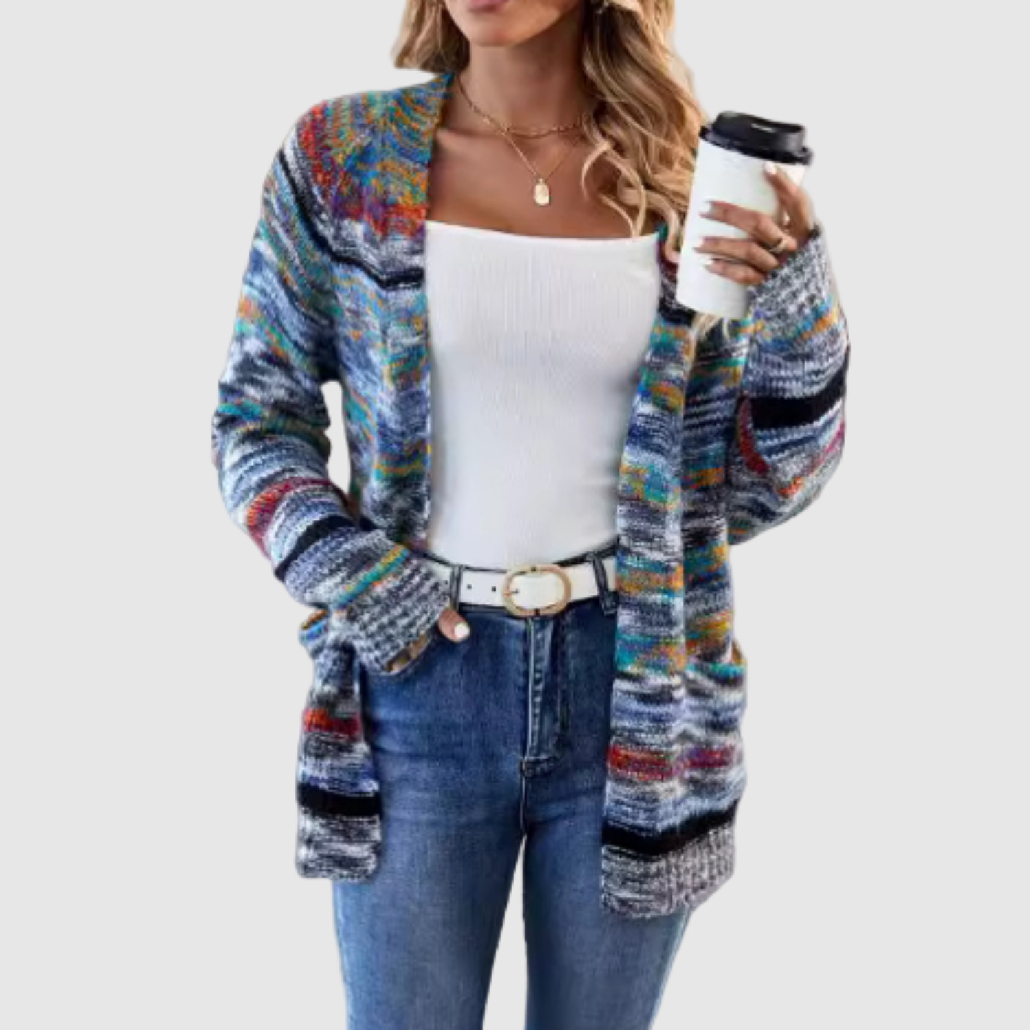Jelena – Pleciony kardigan z wielokolorowym wzorem