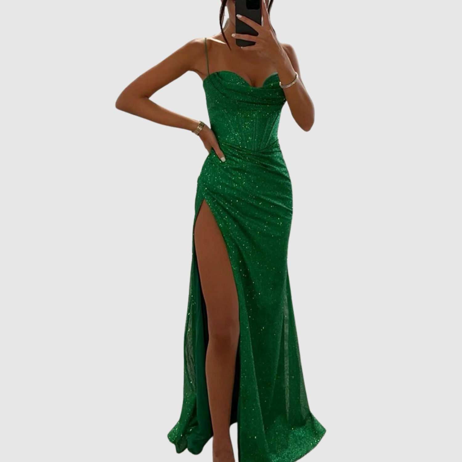 Eliška – Długie wieczorowe sukienki z wysokim rozcięciem i błyszczącymi detalami