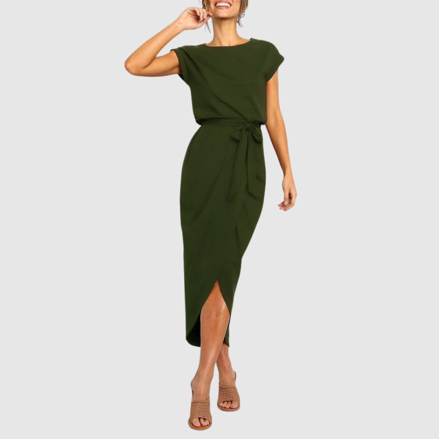 Eliška – Elegancka sukienka z paskiem i rozporkiem