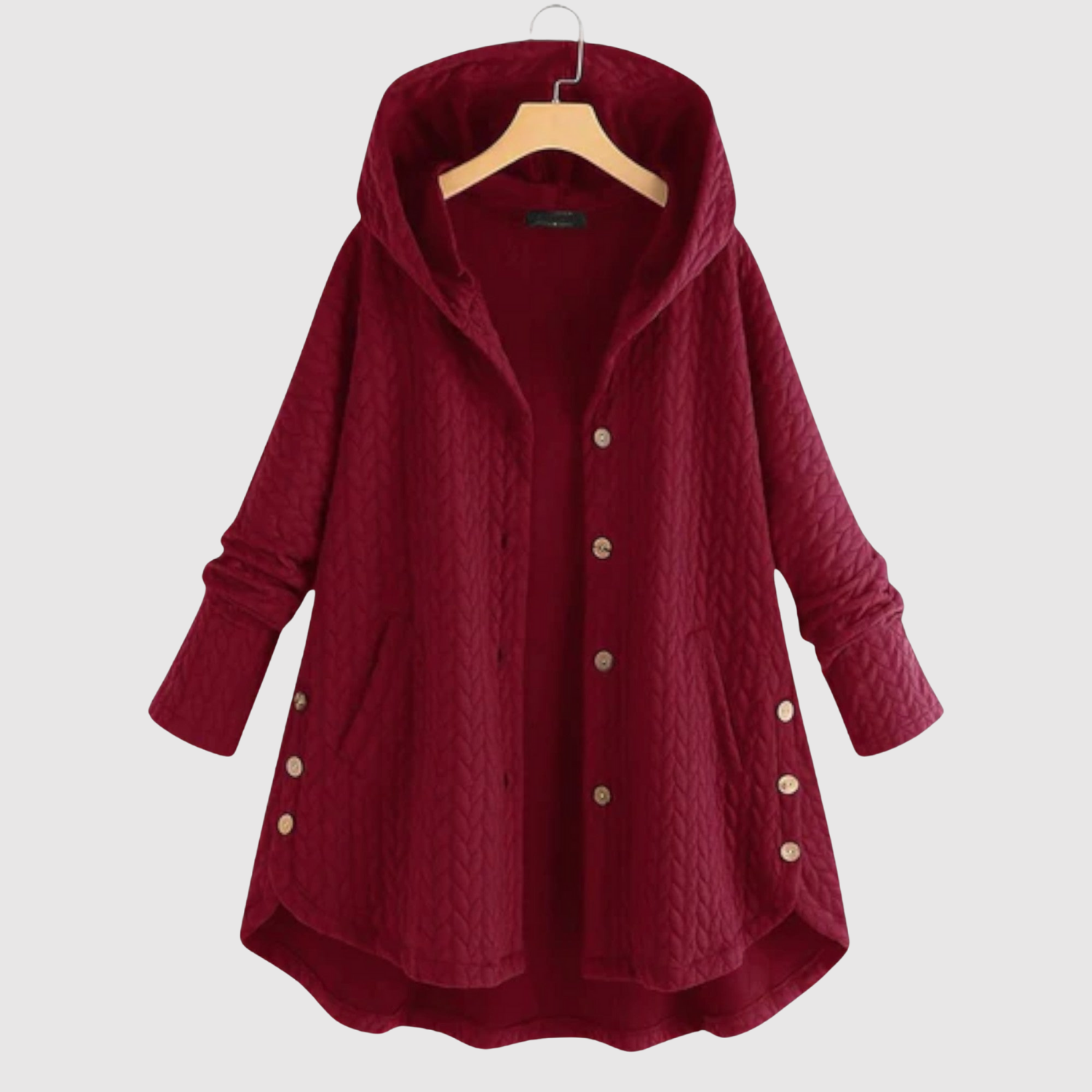 Jelena – Pleciona tunika z kapturem i dekoracyjnymi guzikami