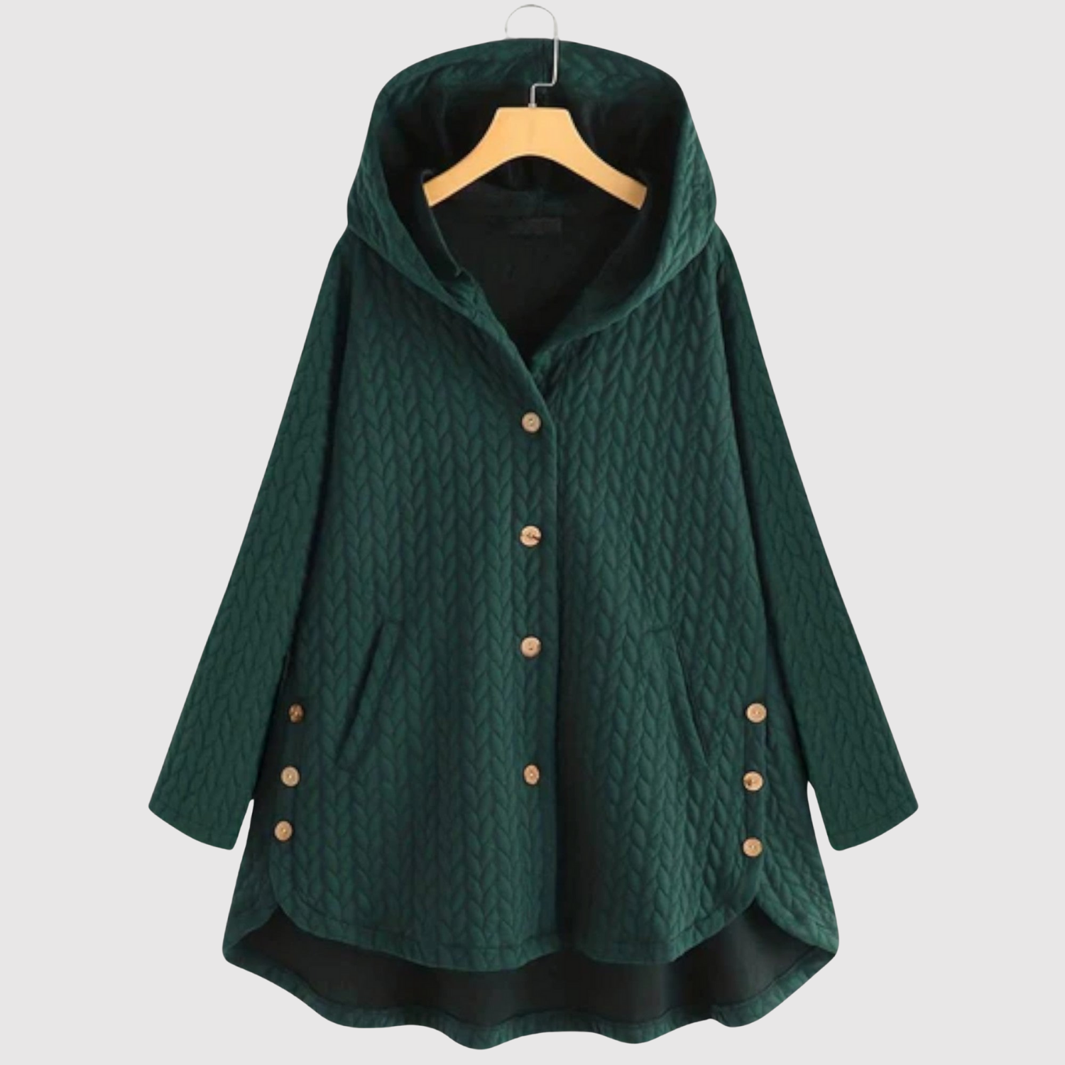 Jelena – Pleciona tunika z kapturem i dekoracyjnymi guzikami