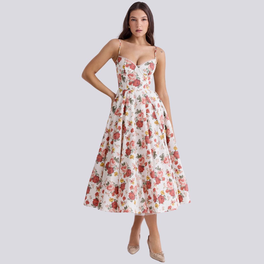 Eliška – Midi sukienka z sercowym dekoltem i efektem rozmachu